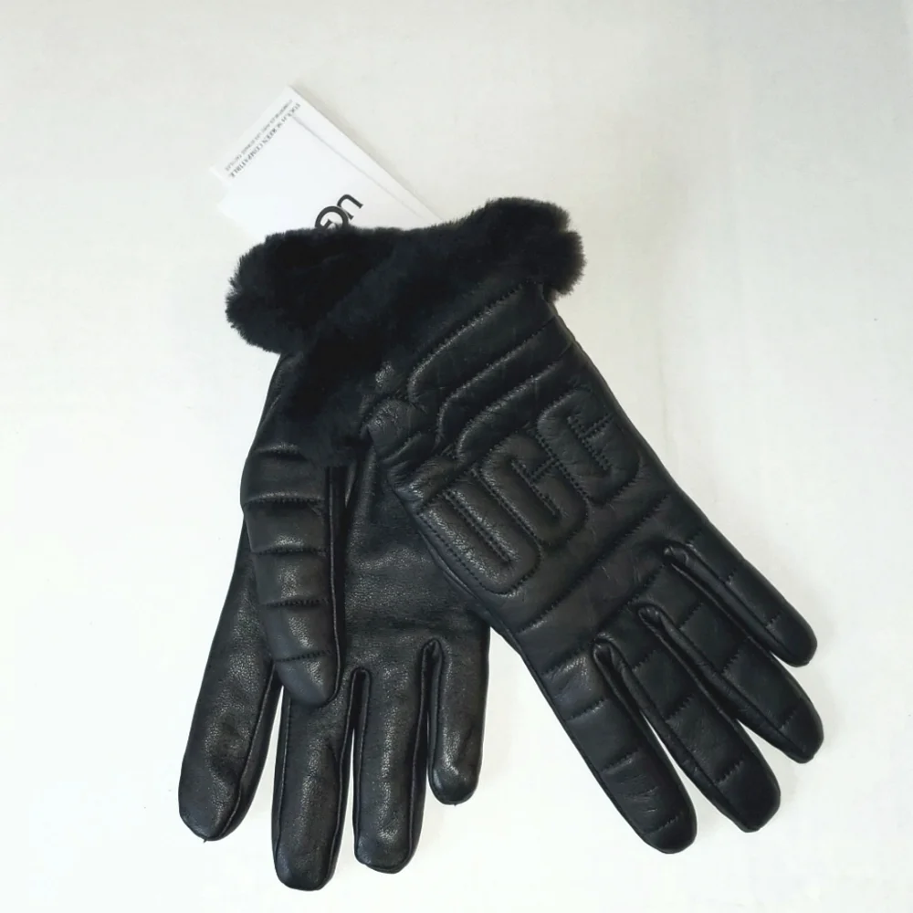 UGG Leather Quilted Logo Touchscreen Tech Cashmere Linen Black Gloves